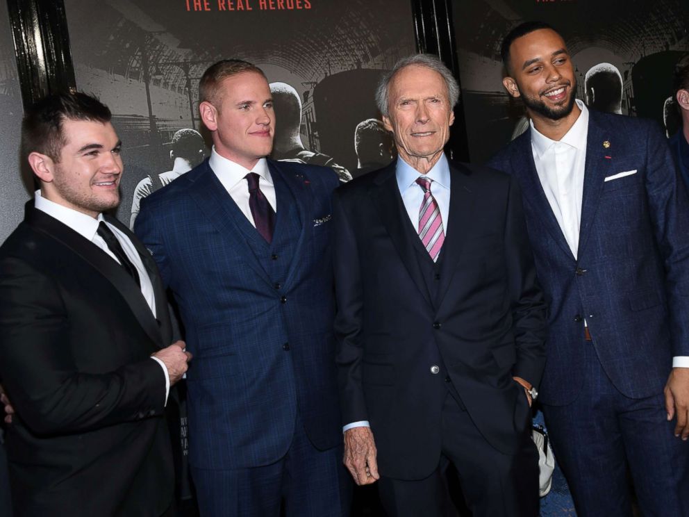 PHOTO: From left, Alek Skarlatos, Spencer Stone, director and producer Clint Eastwood and Anthony Sadler arrive for the world premiere of The 15:17 to Paris in Burbank, Calif., Feb. 5, 2018.
