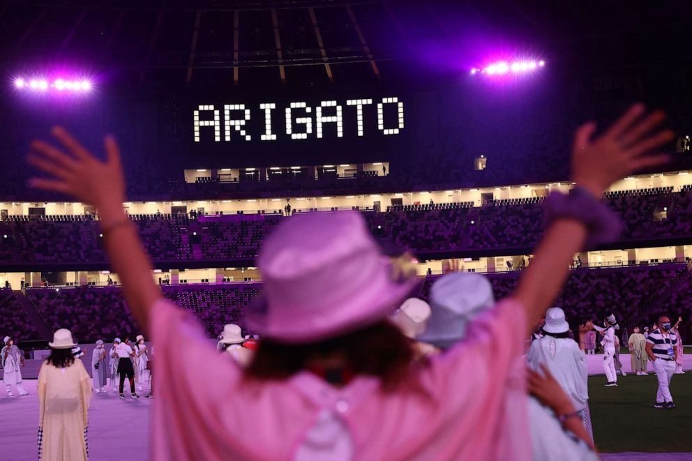 PHOTO: Athletes and performers participate in the Olympics closing ceremony on Aug. 8, 2021, in Tokyo, Japan.