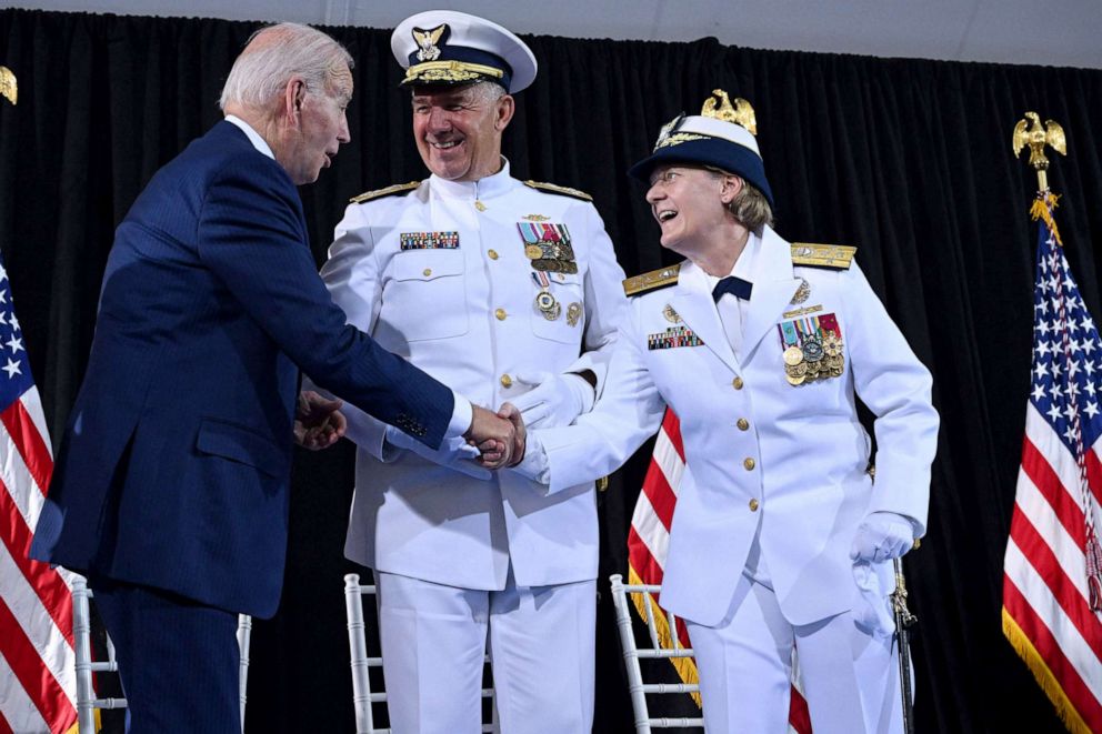 PHOTO: President Joe Biden, Admiral Karl Schultz and Admiral Linda Fagan participate in the US Coast Guard change of command ceremony at USCG Headquarters in Washington, June 1, 2022. 