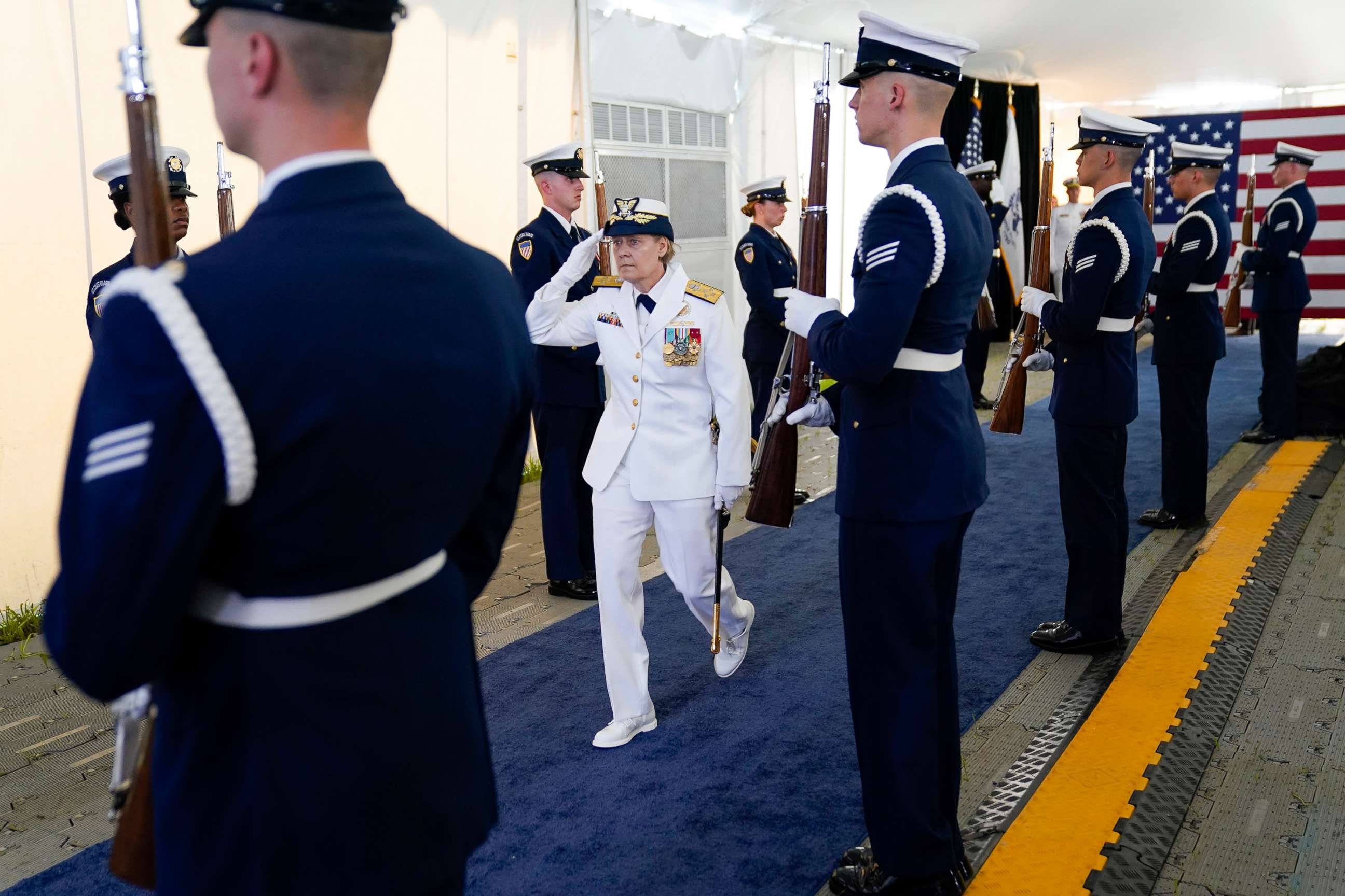 PHOTO: Adm. Linda Fagan arrives for a change of command ceremony at U.S. Coast Guard headquarters in Washington, June 1, 2022.
