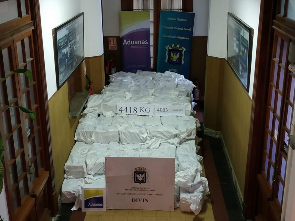 PHOTO: A picture released by Uruguay's Navy showing bundles of cocaine seized at Montevideo's port on December 27, 2019.