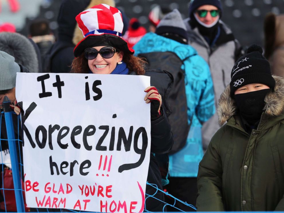 PHOTO:This spectator put her feelings about the cold on a sign to share with everyone back home.  She was at the Phoenix Snow Park for the snowboarding event at the 2018 Winter Olympics. 