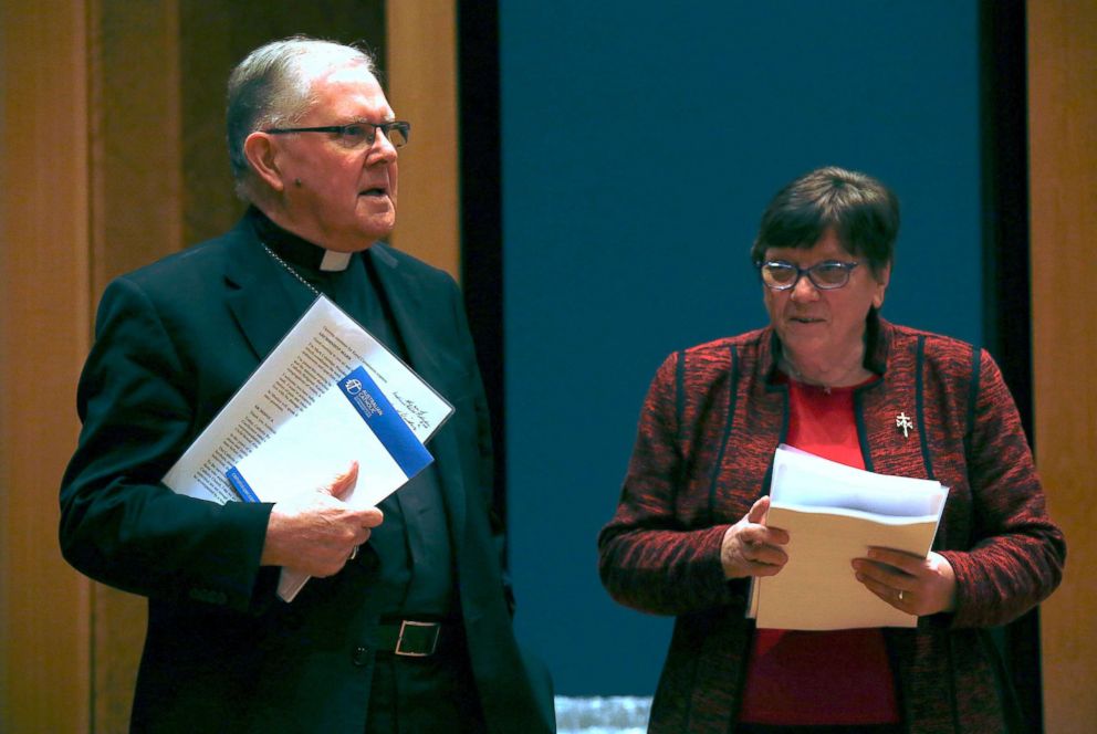 PHOTO: Archbishop Mark Coleridge, President of the Australian Catholic Bishops Conference in Australia, stands with Sister Monica Cavanagh, President of Catholic Religious Australia, during a media conference in Sydney, Aug. 31, 2018.