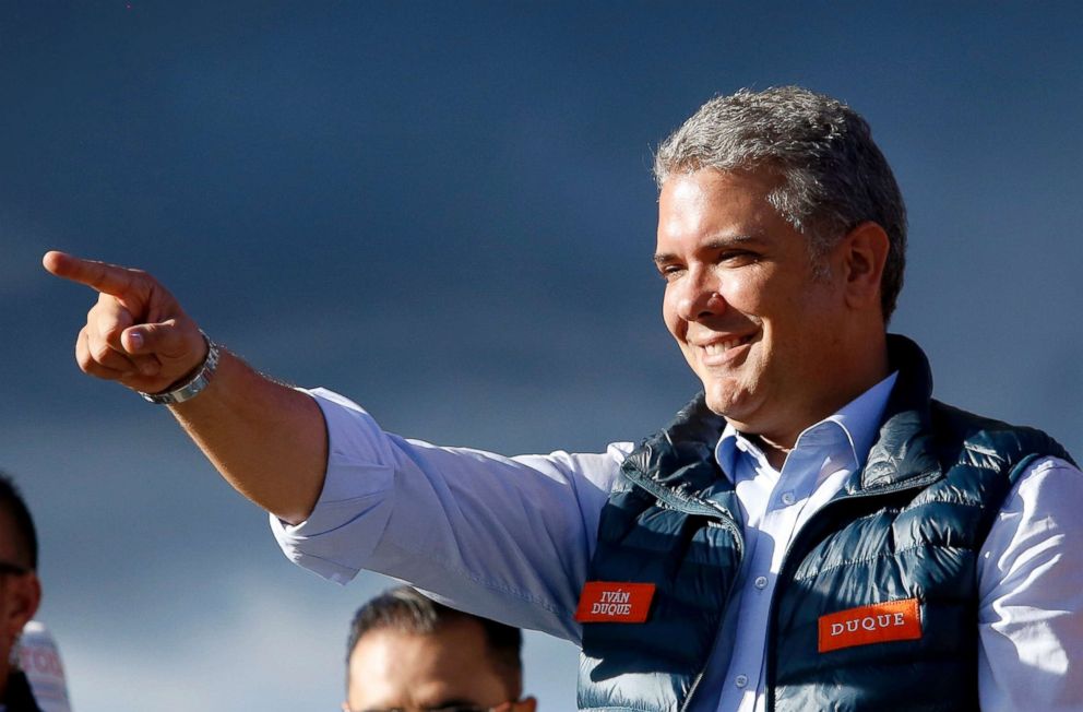 PHOTO: Ivan Duque, presidential candidate for Democratic Center party, holds a campaign rally in Bogota, Colombia, May 20, 2018.