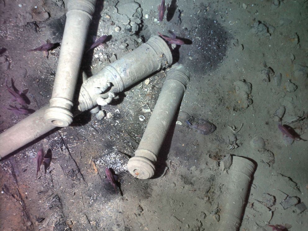 PHOTO: This November 2015 photo released Monday, May 21, 2018, by the Woods Hole Oceanographic Institution shows cannons from the 300-year-old shipwreck of the Spanish galleon San Jose on the floor of the Caribbean Sea off the coast of Colombia.