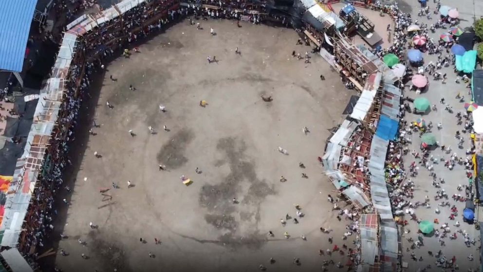 PHOTO: In this screen grab from a video, the viewing stands collapse during a bullfight in El Espinal, Tolima, Colombia, June 26, 2022.