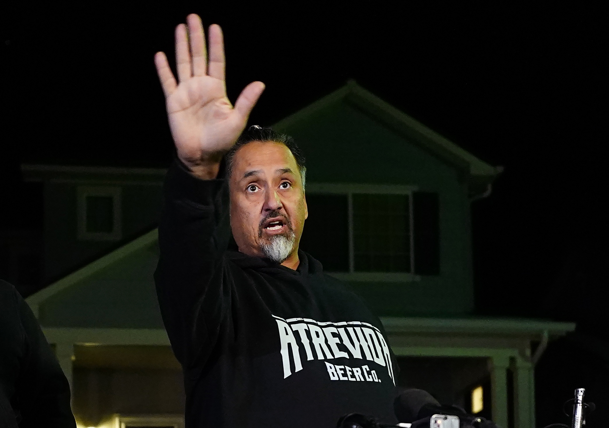 PHOTO: Richard Fierro gestures while speaking during a news conference outside his home about his efforts to subdue the gunman in Saturday's shooting at Club Q, in Colorado Springs, Colo., Nov. 21, 2022. 