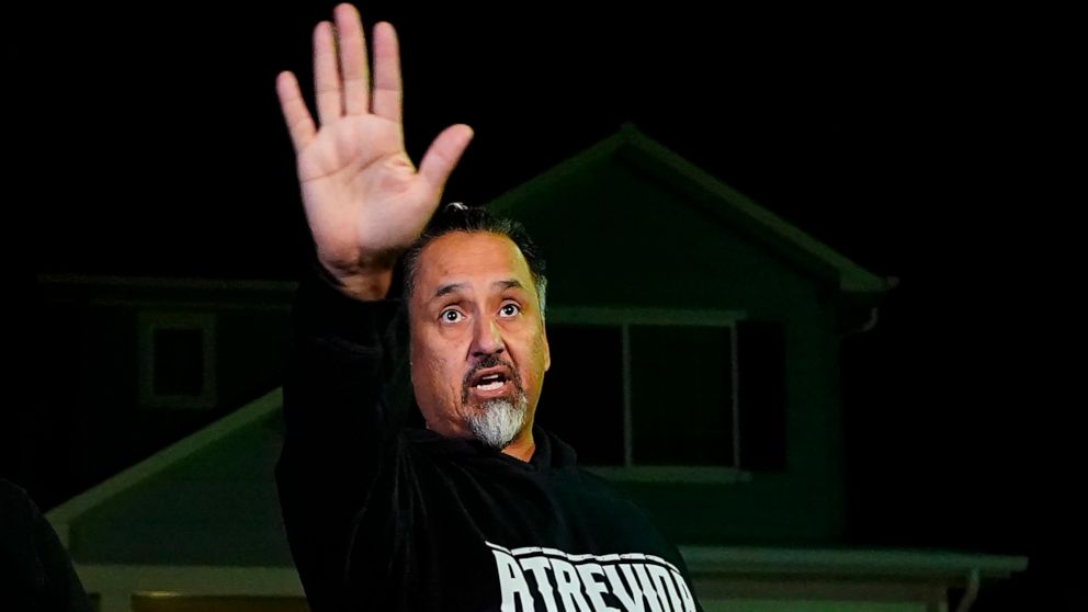 PHOTO: Richard Fierro gestures while speaking during a news conference outside his home about his efforts to subdue the gunman in Saturday's shooting at Club Q, in Colorado Springs, Colo., Nov. 21, 2022. 