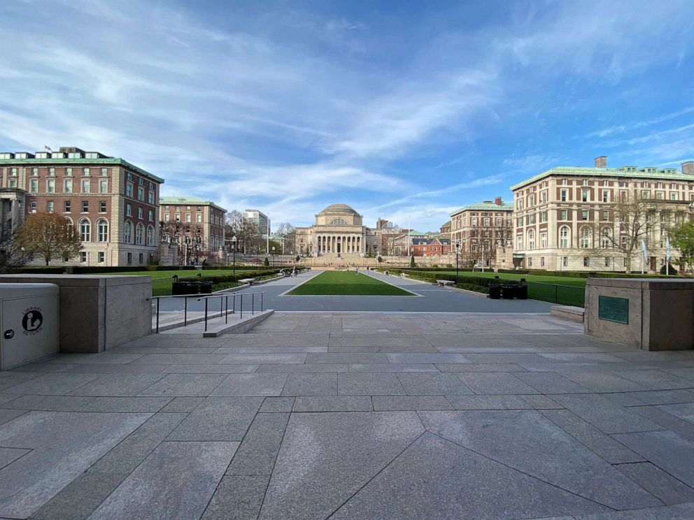 PHOTO: A wide view of the campus lawn at Columbia University during the coronavirus pandemic on April 14, 2020, in New York.