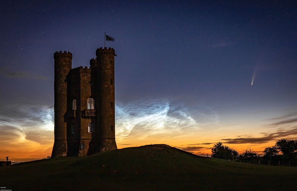 PHOTO: Comet NEOWISE is seen over Broadway Tower, Worcestershire in the early hours of the morning, July 11, 2020.