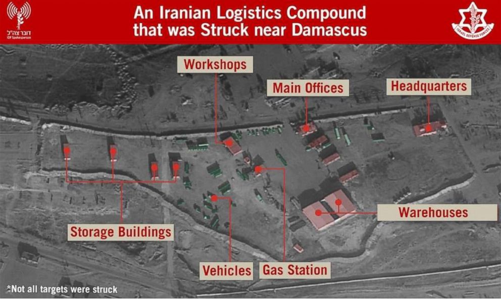 PHOTO: Israel's military released aerial images on May 11, 2018, of what it said were Iranian sites it targeted in Syria this week.