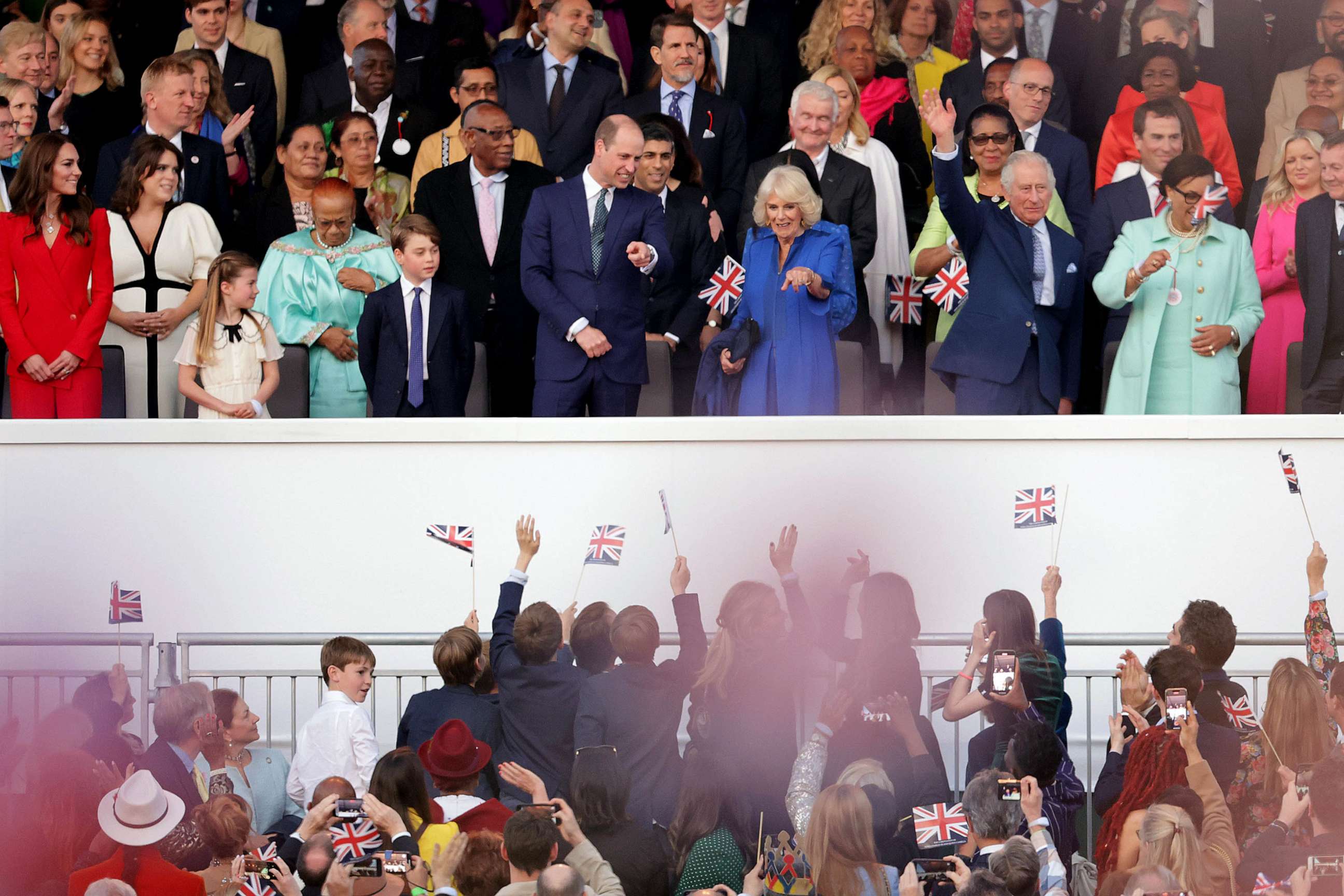 PHOTO: King Charles III, Queen Camilla, Catherine, Princess of Wales, Princess Charlotte of Wales, Prince George of Wales, Prince William, Prince of Wales, Rishi Sunak and Patricia Scotland, Baroness Scotland and Princess Beatrice of York are seen