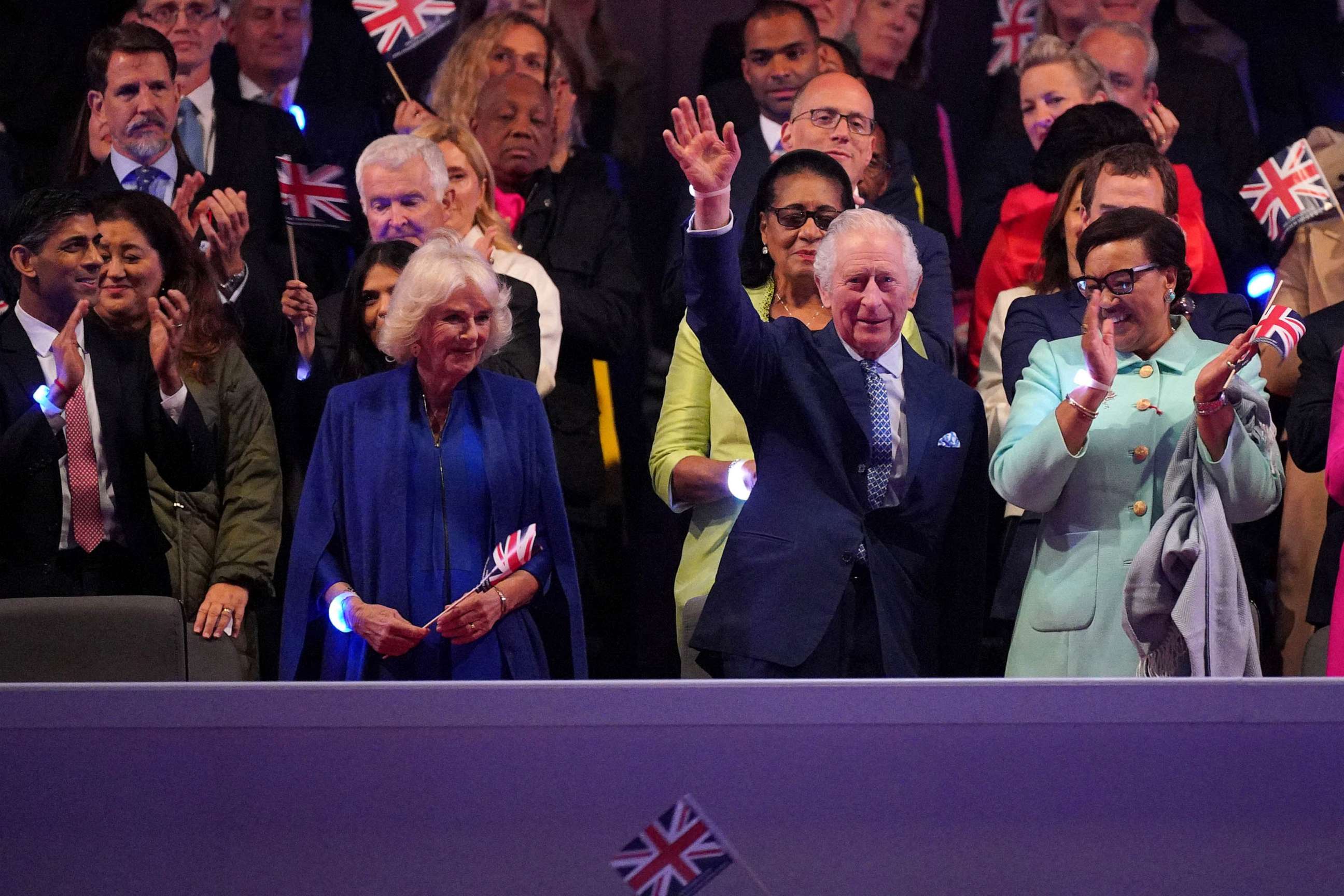 PHOTO: Prime Minister Rishi Sunak, Akshata Murty, Queen Camilla, King Charles III and Commonwealth Secretary-General, Patricia Scotland, Baroness Scotland of Asthal in the Royal Box viewing the Coronation Concert held in the grounds of Windsor Castle.