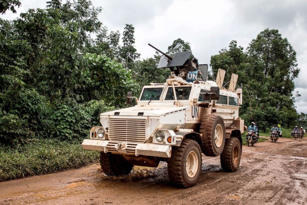 PHOTO: A military truck for the United Nations Organization and Stabilization Mission in the Democratic Republic of the Congo (MONUSCO) patrols the road linking Beni to Mangina, Aug. 23, 2018, in the Democratic Republic of the Congo.