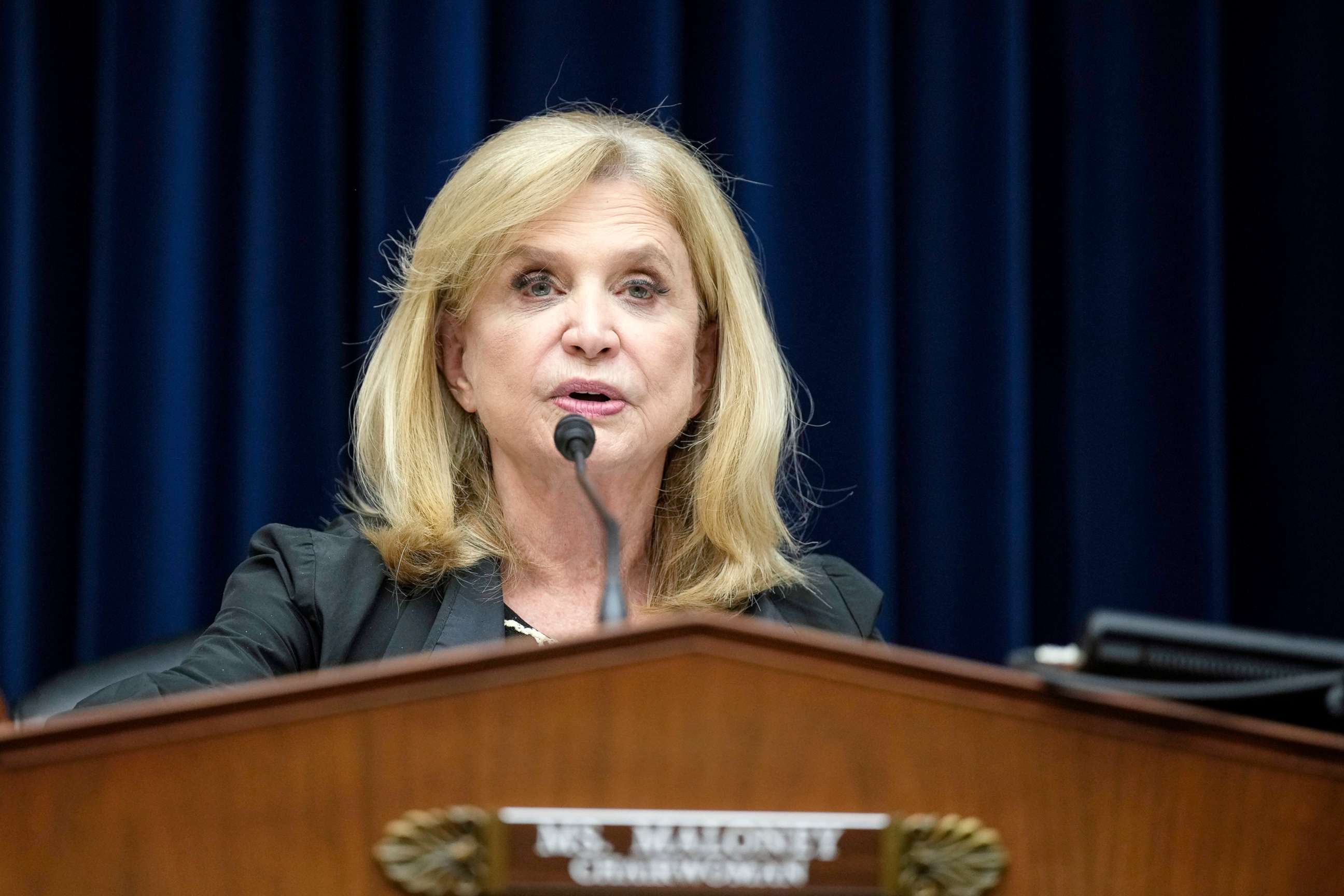 PHOTO: Committee chairwoman Rep. Carolyn Maloney speaks during a House Oversight Committee hearing titled Examining the Practices and Profits of Gun Manufacturers in the Rayburn House Office Building on Capitol Hill, July 27, 2022.