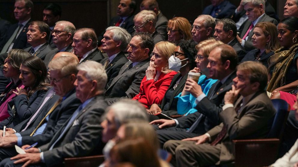 PHOTO: Members of Congress watch as President Volodymyr Zelensky of Ukraine delivers a virtual address to Congress in the U.S. Capitol Visitors Center Congressional Auditorium, March 16, 2022, in Washington, D.C.
