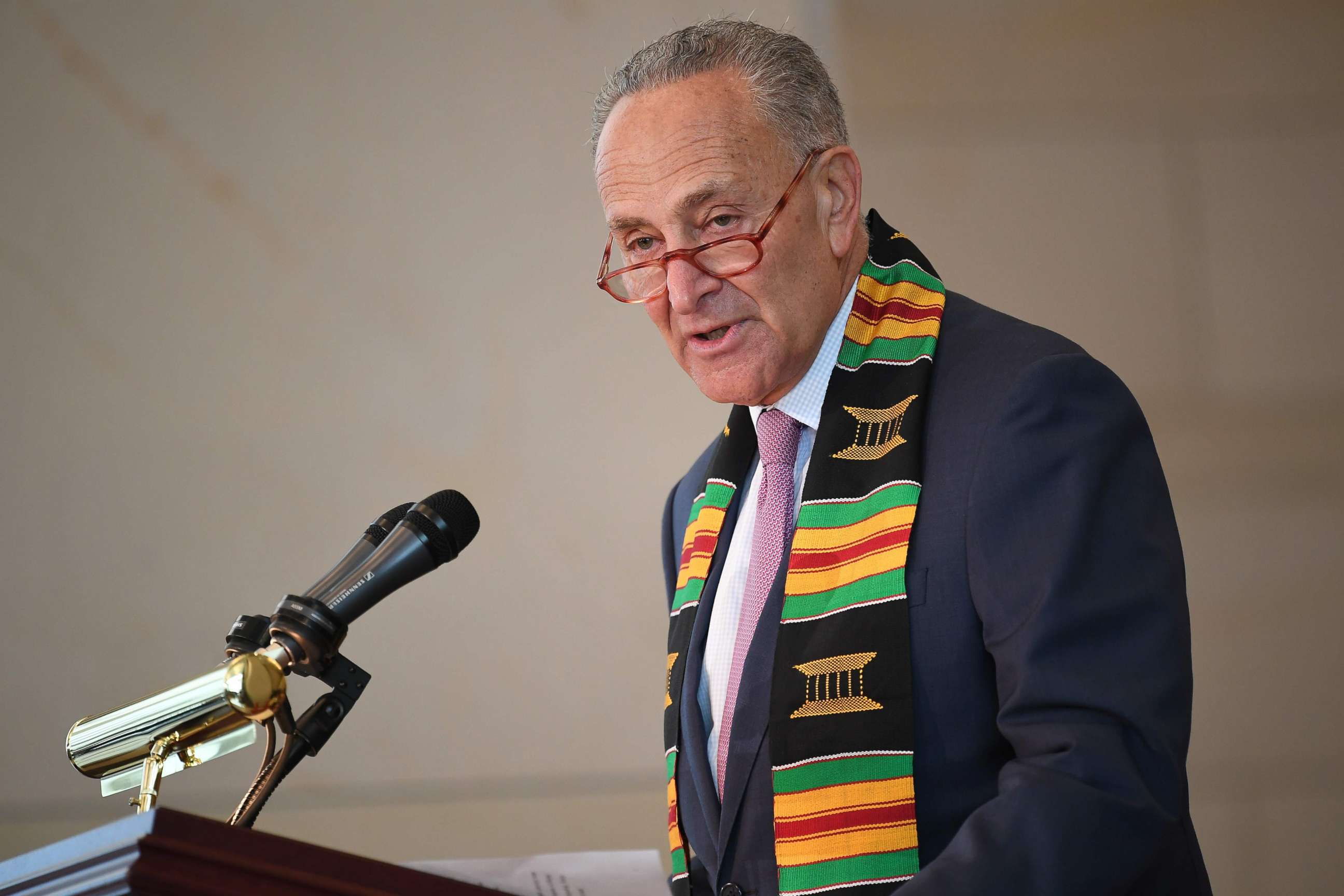 PHOTO: Chuck Schumer speaks at the Congressional Black Caucus (CBC) ceremony to commemorate the 400th anniversary of the first recorded forced arrival of enslaved Africans in the Emancipation Hall of the US Capitol in Washington, D.C., Sept. 10, 2019.