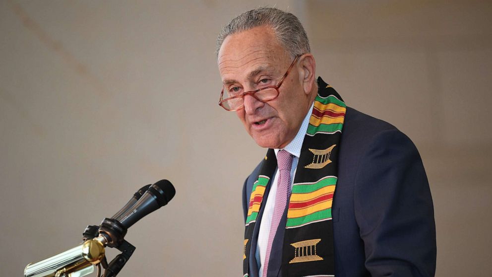 PHOTO: Chuck Schumer speaks at the Congressional Black Caucus (CBC) ceremony to commemorate the 400th anniversary of the first recorded forced arrival of enslaved Africans in the Emancipation Hall of the US Capitol in Washington, D.C., Sept. 10, 2019.