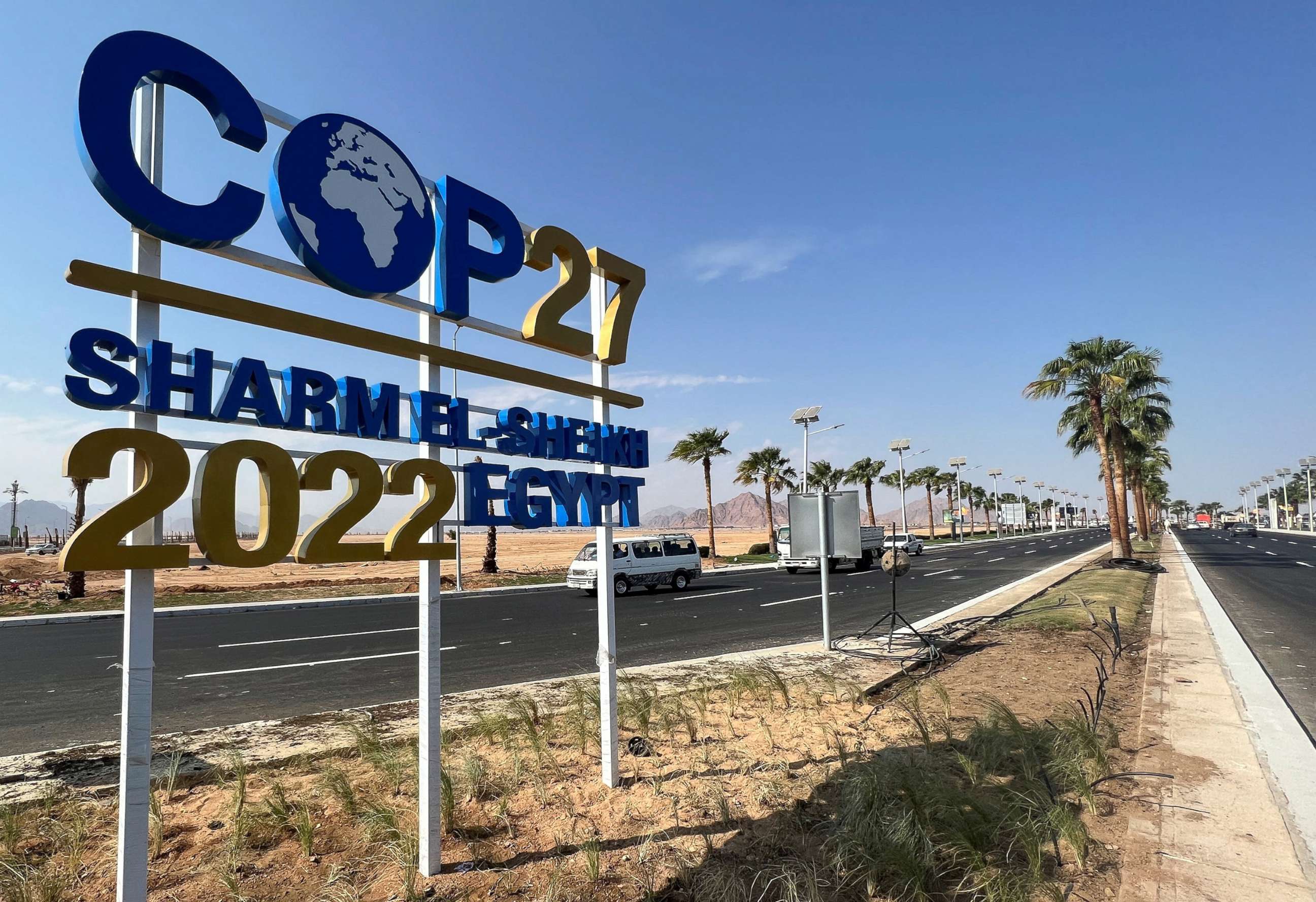 PHOTO: A COP27 sign stands on the road leading to the site of the COP27 summit in the Red Sea resort of Sharm el-Sheikh, Egypt, Oct. 20, 2022.