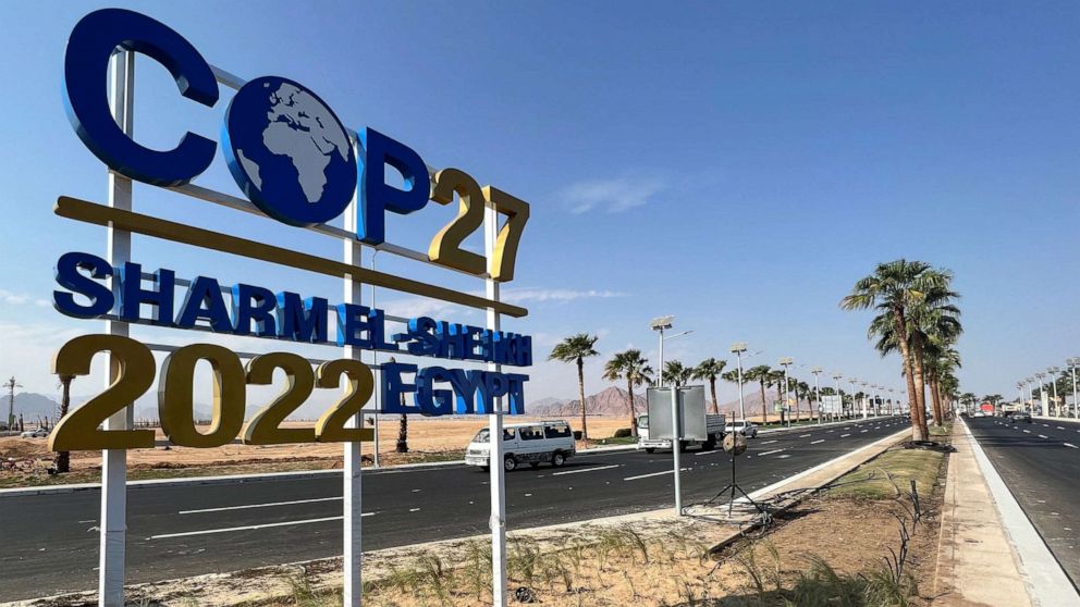 PHOTO: A COP27 sign stands on the road leading to the site of the COP27 summit in the Red Sea resort of Sharm el-Sheikh, Egypt, Oct. 20, 2022.