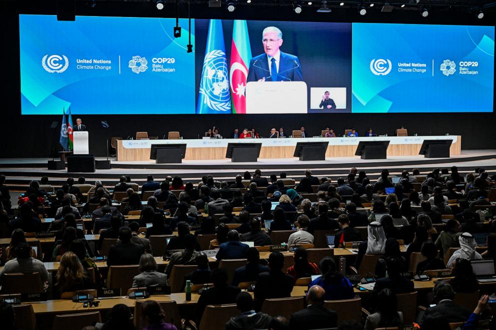 PHOTO: COP29 president Mukhtar Babayev delivers a speech during the opening of the 2024 United Nations Climate Change Conference in Baku on Nov. 11, 2024. 