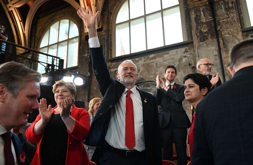 PHOTO: Britain's Labour Party leader Jeremy Corbyn waves as he launches the party's election campaign in south London on October 31, 2019.