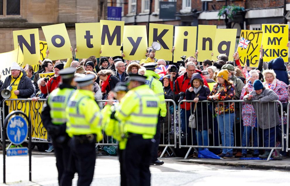 PHOTO: Anti-monarchy protestors from the pressure group Republic wave 'Not My King' banners ahead of the arrival of King Charles III and Camilla, Queen Consort at the Royal Maundy Service at York Minster on April 6, 2023 in York, England.