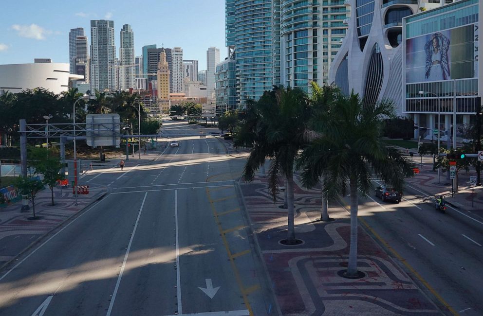 PHOTO: Biscayne Blvd., which is normally busy with traffic, is nearly empty as large numbers of people stay home in an effort to contain the coronavirus pandemic on March 24, 2020, in Miami.