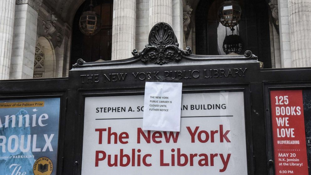 PHOTO: A sign announces the closure of the New York Public Library main branch on Fifth Avenue, March 15, 2020, in New York.