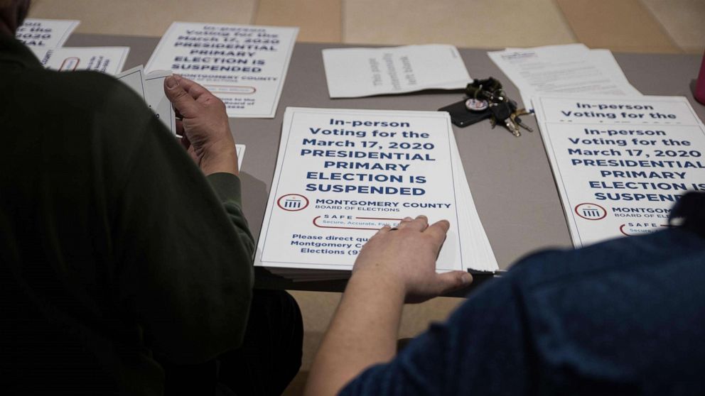 PHOTO: County election workers hand out  election delayed signs to put up at polling stations in Dayton, Ohio, March 17, 2020, after the primaries were canceled.