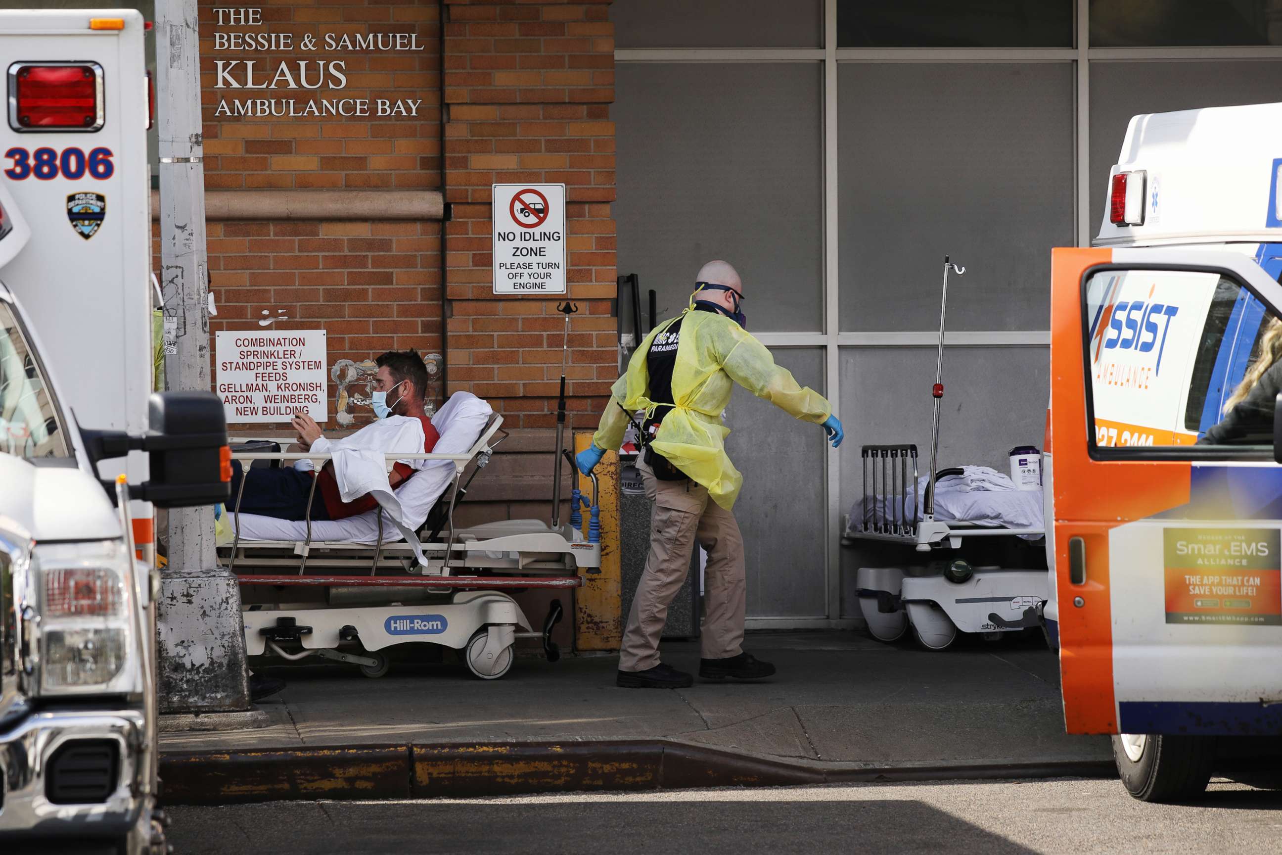 PHOTO: Medical workers take in patients at a special coronavirus intake area at Maimonides Medical Center, April 12, 2020, in the Borough Park neighborhood of Brooklyn, New York.