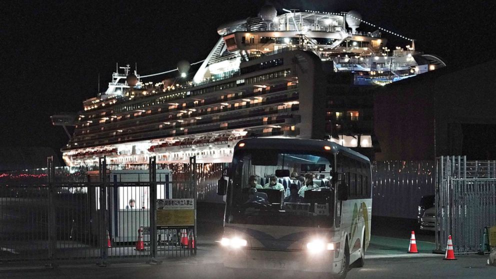 PHOTO: Buses carrying Australian passengers from the quarantined Diamond Princess cruise ship leave a port in Yokohama, near Tokyo, Feb. 19, 2020. 