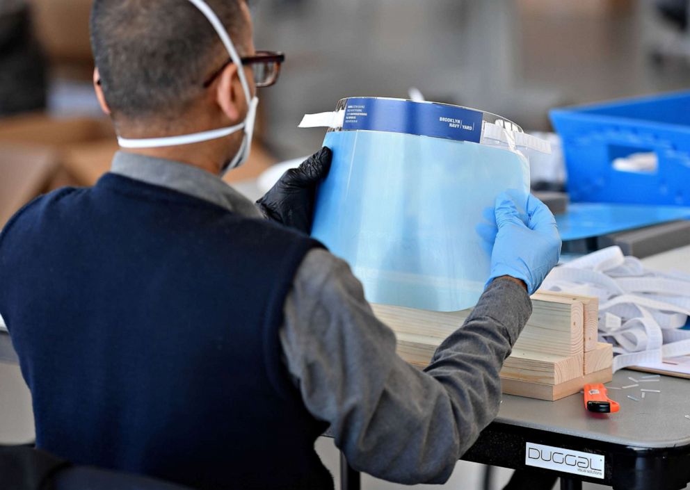 PHOTO:Industrial firm's employees manufacture Personal Protective Equipment (PPE), like face shields, to supply New York's health care workers and hospitals at the Brooklyn Navy Yard, on March 26, 2020, in New York City.