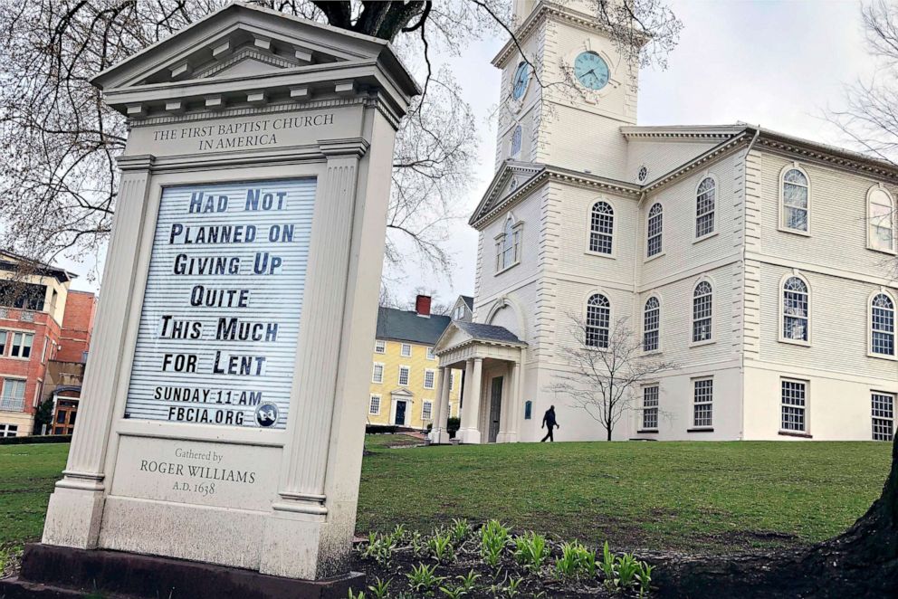 PHOTO: A sign at the First Baptist Church in America in Providence, R.I. displays a humorous messages about the coronavirus pandemic, March 24, 2020.