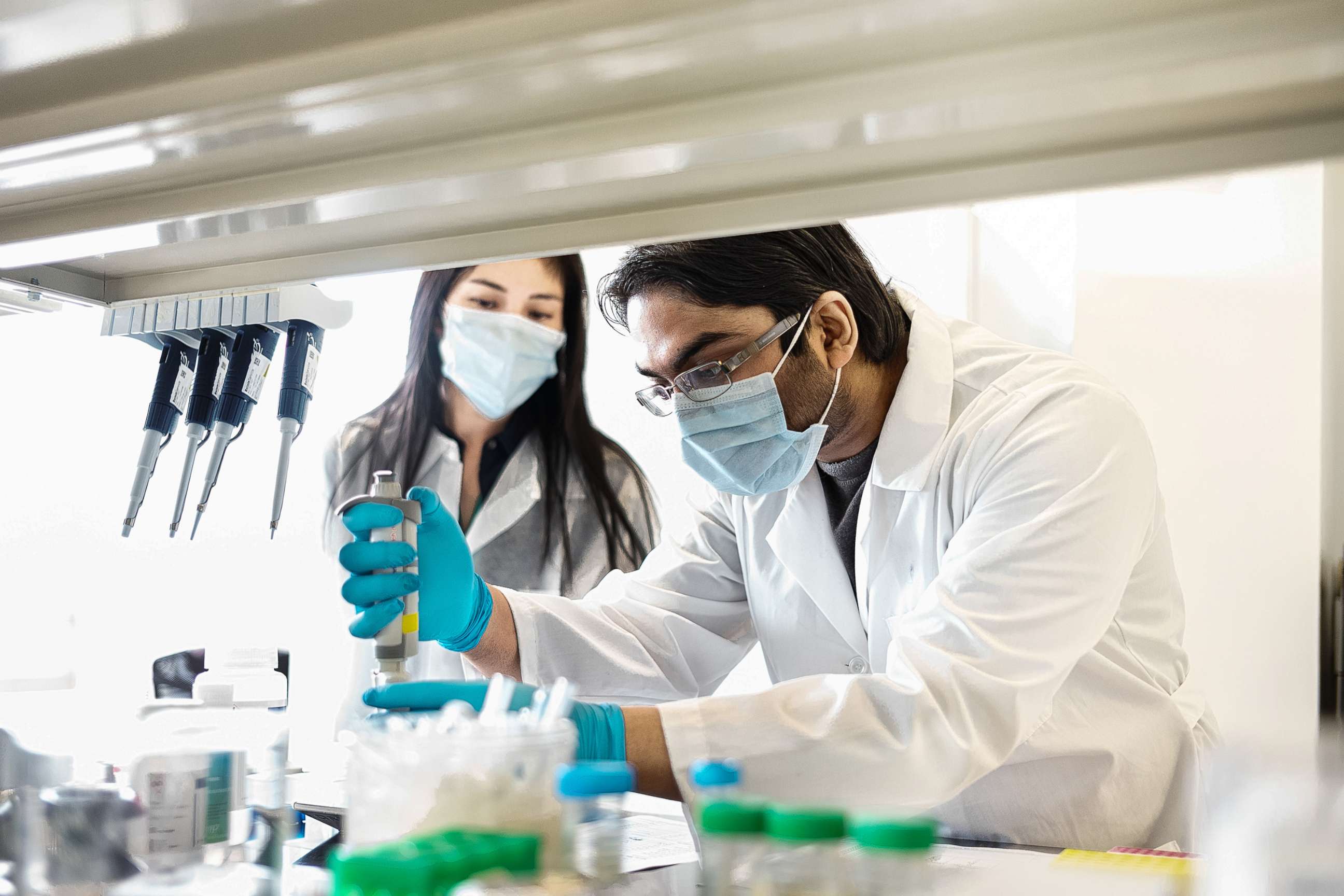 PHOTO: Mirimus lab scientists prepare to test COVID-19 samples from recovered patients, on April 8, 2020, in Brooklyn, New York.