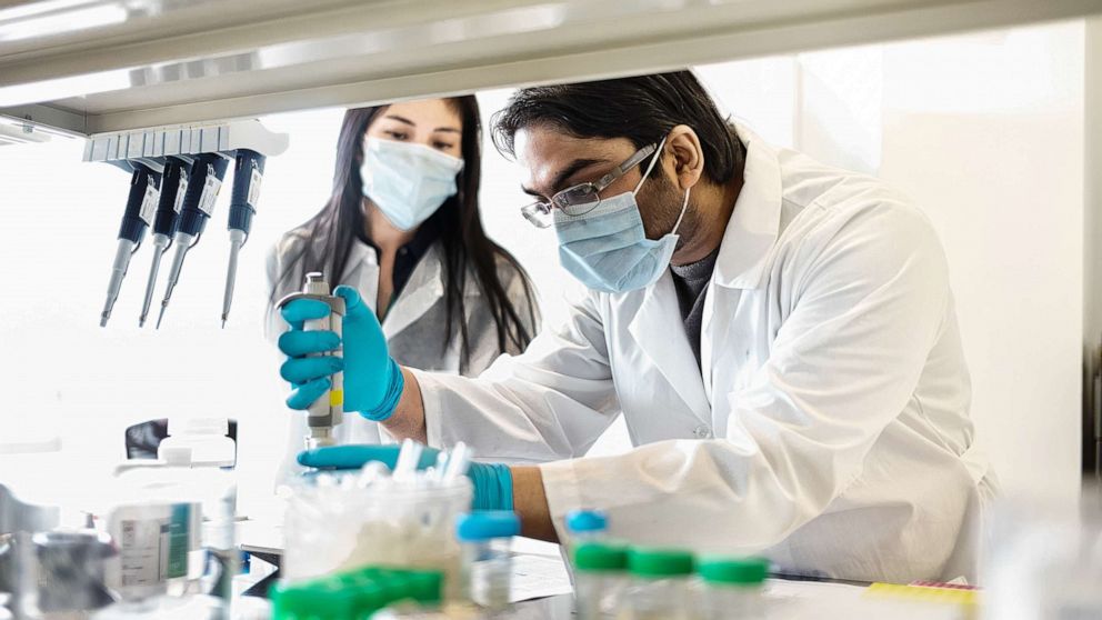 PHOTO: Mirimus lab scientists prepare to test COVID-19 samples from recovered patients, on April 8, 2020, in Brooklyn, New York.