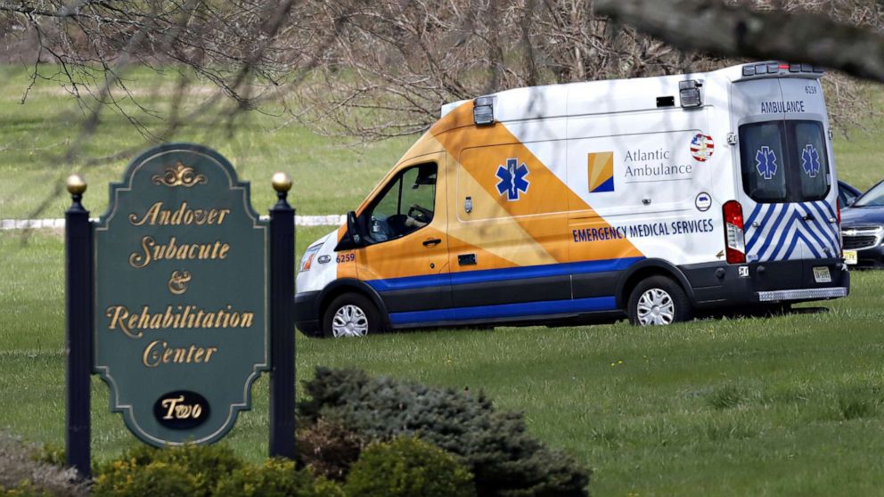 PHOTO: An ambulance departs with a patient from Andover Subacute and Rehab Center, during the coronavirus disease (COVID-19) outbreak in Andover, New Jersey, April 16, 2020. 