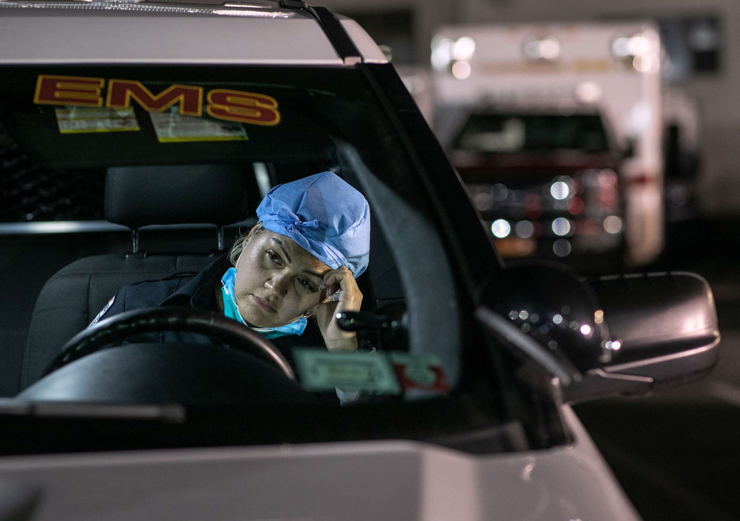 PHOTO: Paramedic Patricia Rodriguez fills out reports on a laptop after her 12-hour shift, on April 06, 2020, in Yonkers, New York