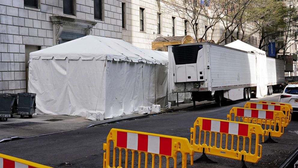 PHOTO: A makeshift morgue is set up outside Lenox Hill Hospital during the coronavirus pandemic, on April 15, 2020, in New York City.