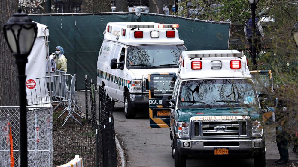 PHOTO: Ambulances are lined up outside The Samaritan's Purse Emergency Field Hospital in Central Park, in Manhattan, during the outbreak of the coronavirus disease (COVID-19), in New York City, April 8, 2020.