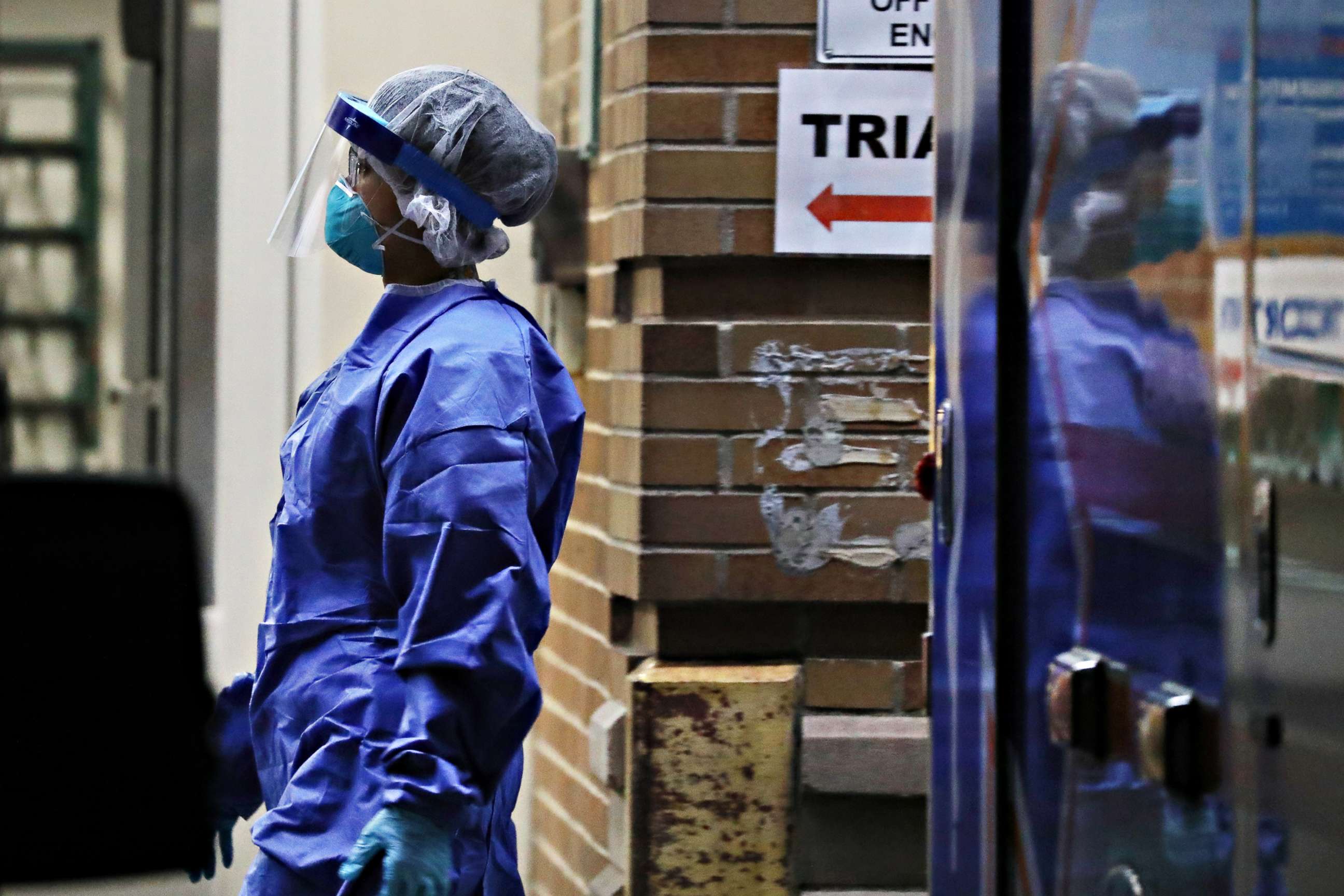 PHOTO: Medical worker on the night shift outside of a special coronavirus intake area at Maimonides Medical Center, on April 15, 2020, in the Borough Park neighborhood of the Brooklyn, New York.