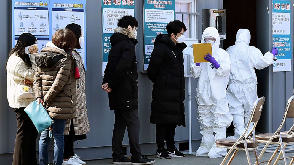 PHOTO: People suspected of being infected with the new coronavirus wait to be tested at a medical center in Daegu, South Korea, Feb. 20, 2020.