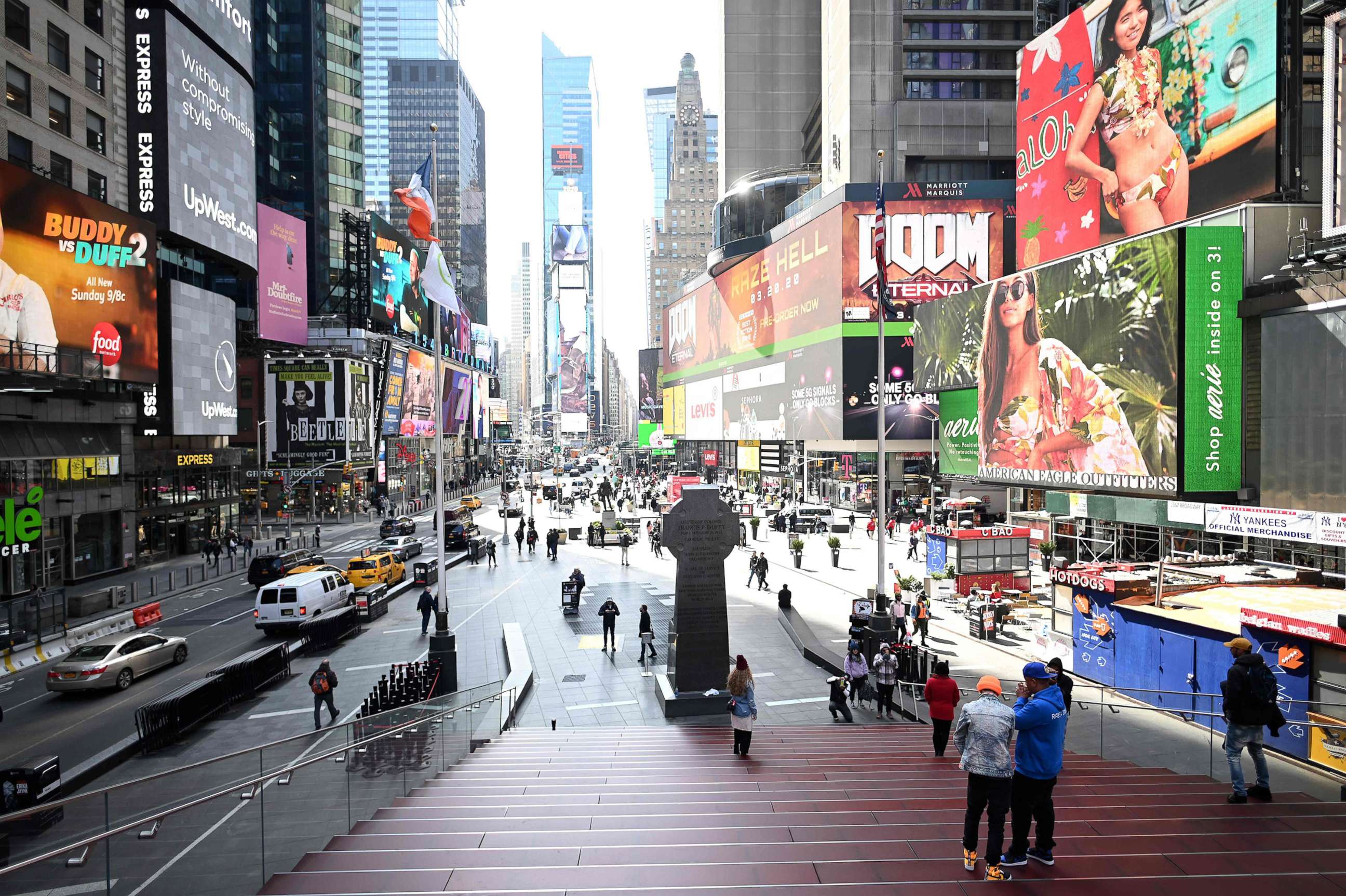 PHOTO: Few people are seen in Times Square in Manhattan, on March 16, 2020 in New York City. 
