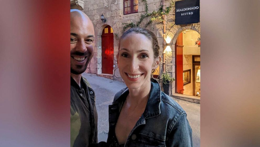PHOTO: Andrea Prudente, who suffered an incomplete miscarriage while vacationing in Malta, poses for a photo with her partner Jay Weeldreyer, left, in Gozo, Malta, June 12, 2022.