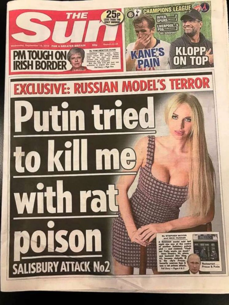 PHOTO: The British tabloid The Sun featured an interview with Russian model Anna Shapiro on its cover on Sep. 19, 2018.