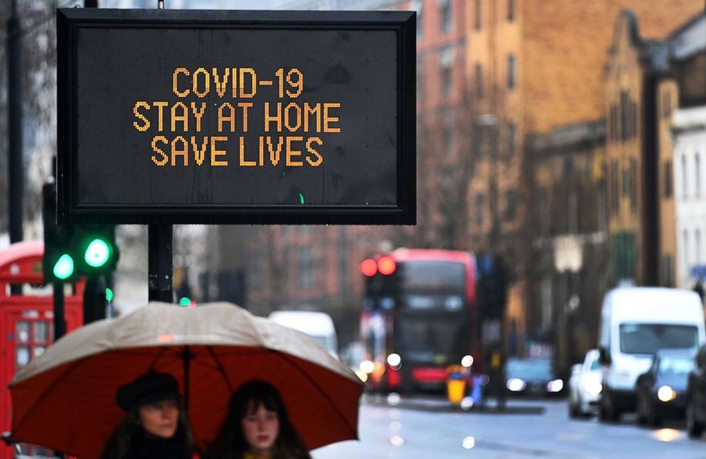 PHOTO: A COVID-19 public notice urging people to stay at home in London, Feb. 4, 2021. 