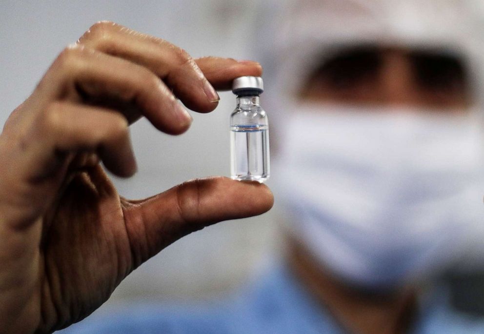 PHOTO: A vial containing a vaccine sample is displayed in a immunobiological laboratory in Rio de Janeiro, Brazil, Aug. 7, 2020.