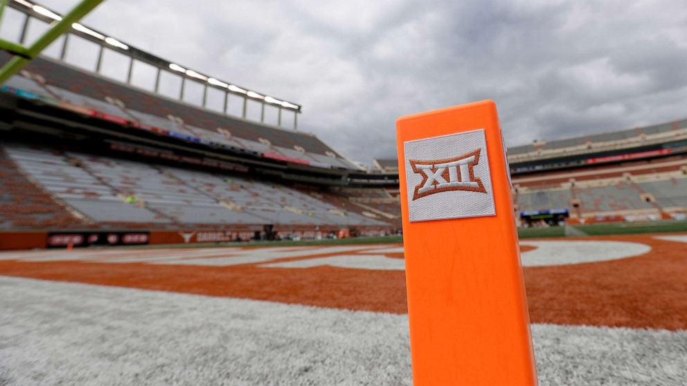 PHOTO: In this Oct. 7, 2017, file photo, a Big 12 pylon marks the end zone at Darrell K Royal Texas Memorial Stadium before an NCAA college football game between Texas and Kansas State in Austin, Texas.