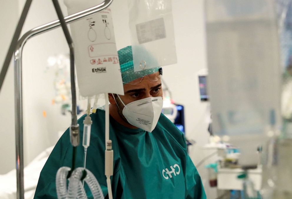 PHOTO: A health worker looks on in a recovery room of an operating theatre transformed for patients suffering the coronavirus disease, at Montlegia CHC clinic in Liege, Belgium, Oct. 29, 2020.