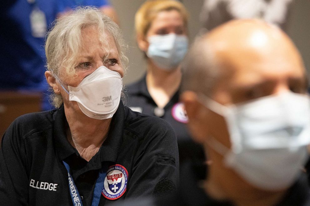 PHOTO: Sara Elledge, a respiratory therapist from Coleman, Ala., arrives with nearly three dozen healthcare workers from around the country to help supplement the staff at Our Lady of the Lake Regional Medical Center in Baton Rouge, La., Aug. 2, 2021.